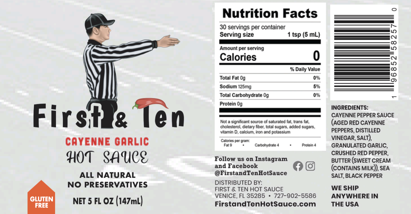 Case of 12 5oz Bottles of First & Ten Original Cayenne Garlic (Best deal! $6 per Bottle!)