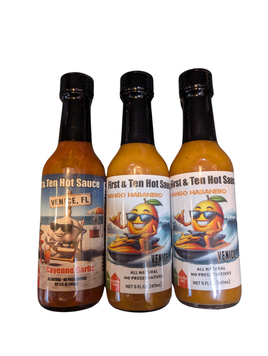 3 Pack 2 Bottles First & Ten Mango Habanero, 1 Bottle First & Ten Original Cayenne Garlic.